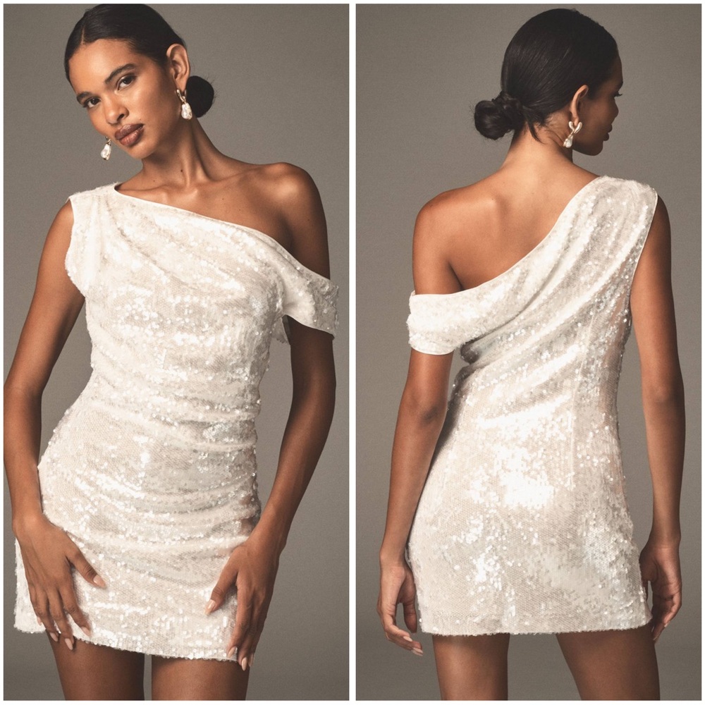 One-Shoulder Sequin Mini Dress in Ivory